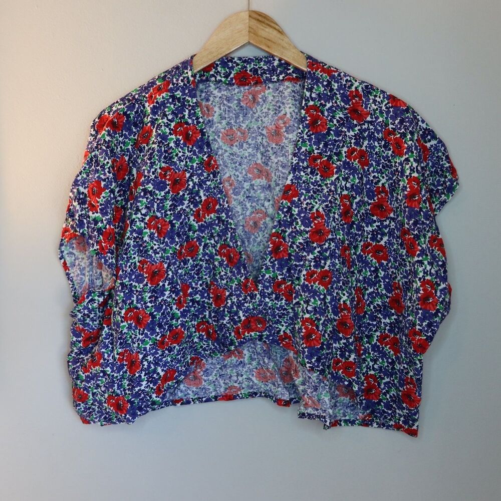 Handmade Floral Wrap Crop Top Blouse Womens Blue Red Ditsy Calico Oversized y2k